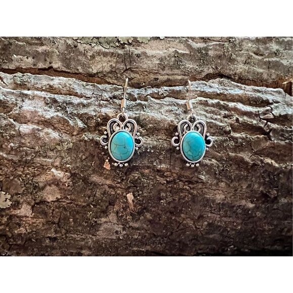 BOHO Style Silver Turquoise Drop Earrings Fish Hook Studs - Picture 1 of 2